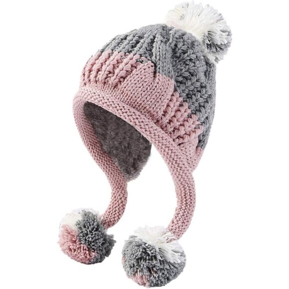 Women Gray Pink Winter Peruvian Cover Ears Beanie Hat Ear Flaps Sherpa Snow